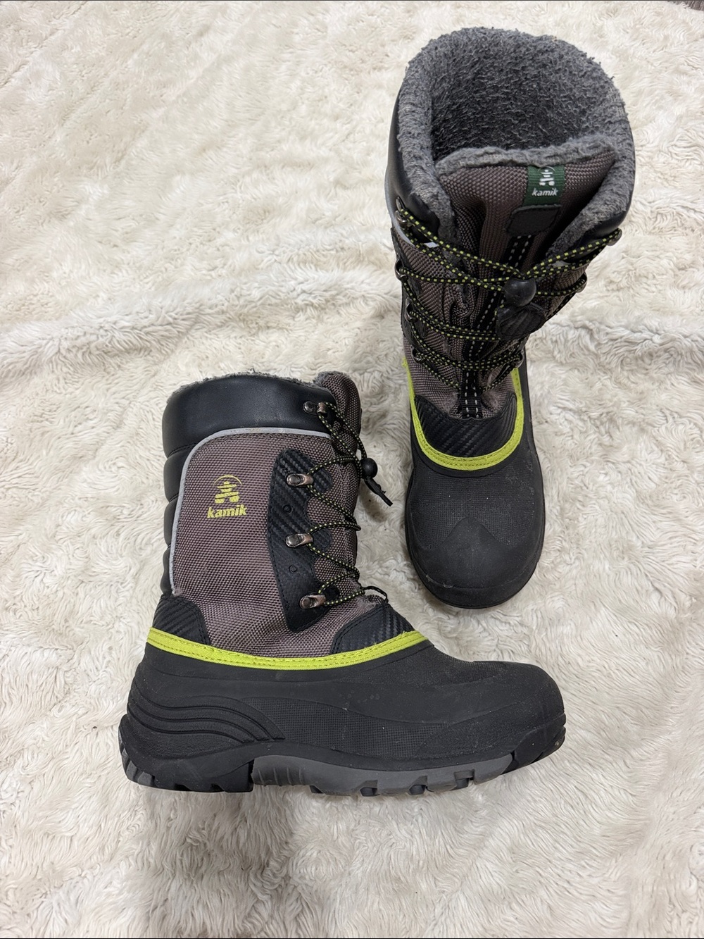 Kamik Kids Boys Black, Gray & Lime Winter Snow Boots Size 6